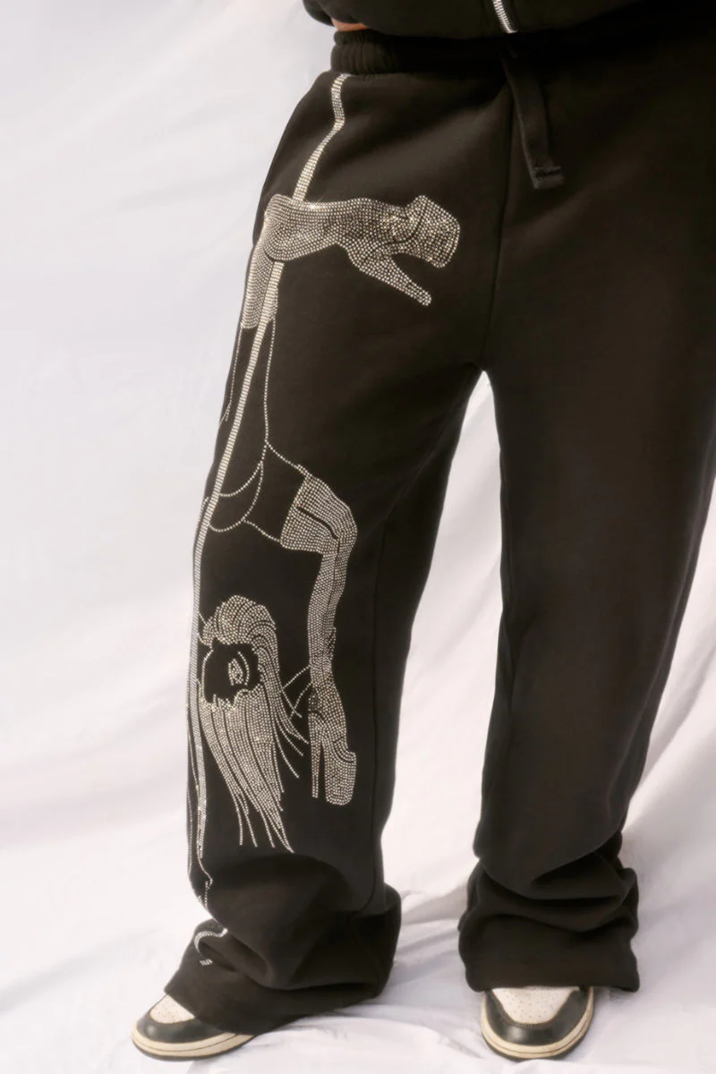 CXIX Anime Pole Dancer Wide Leg Sweatpants – Ep 2 Black Silver Rhinestone - Image 2