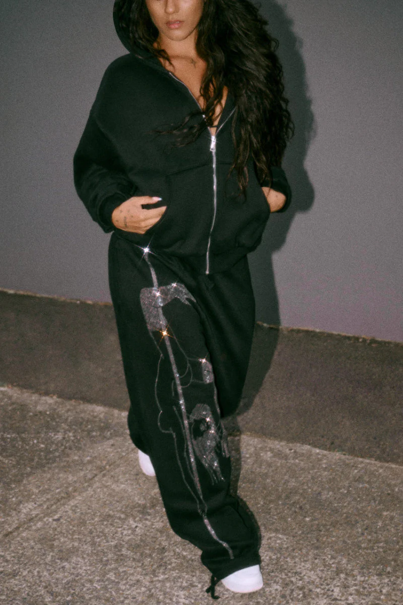 CXIX Anime Pole Dancer Wide Leg Sweatpants – Ep 2 Black Silver Rhinestone - Image 5