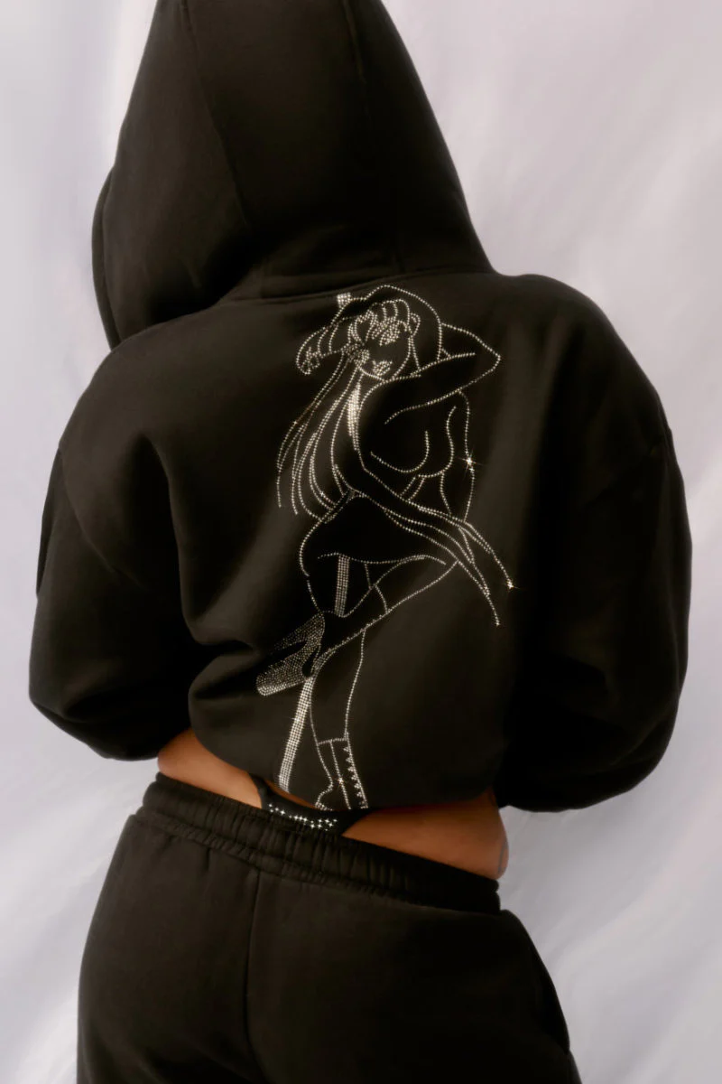 CXIX Anime Pole Dancer Zip Up Hoodie – Ep 2 Black Silver Rhinestone