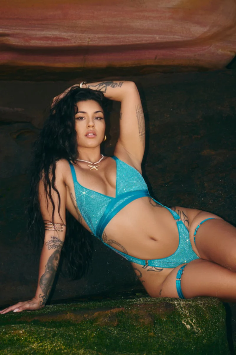 CXIX Aphrodite Bodysuit - Teal Iridescent Rhinestone Drip - Image 5