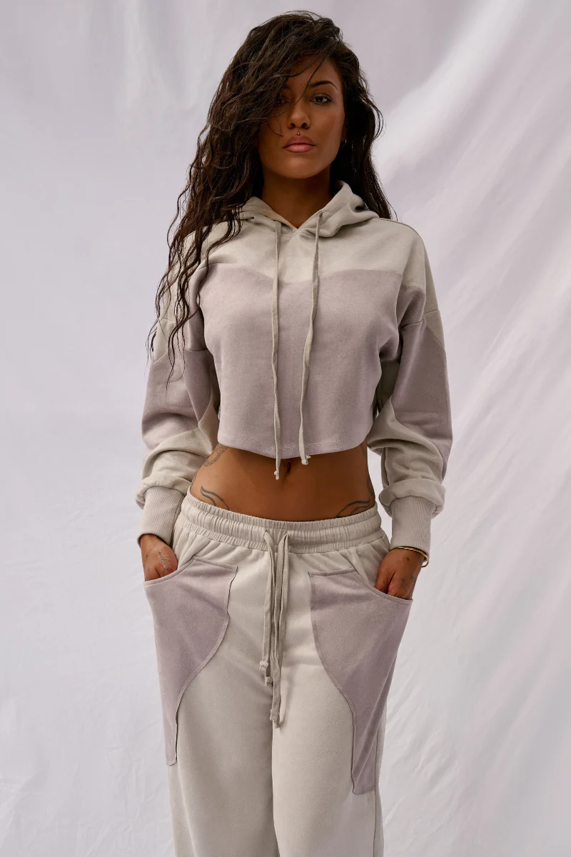 CXIX CLOUD CONTOUR Faux Suede Crop Hoodie - Wavey Grey