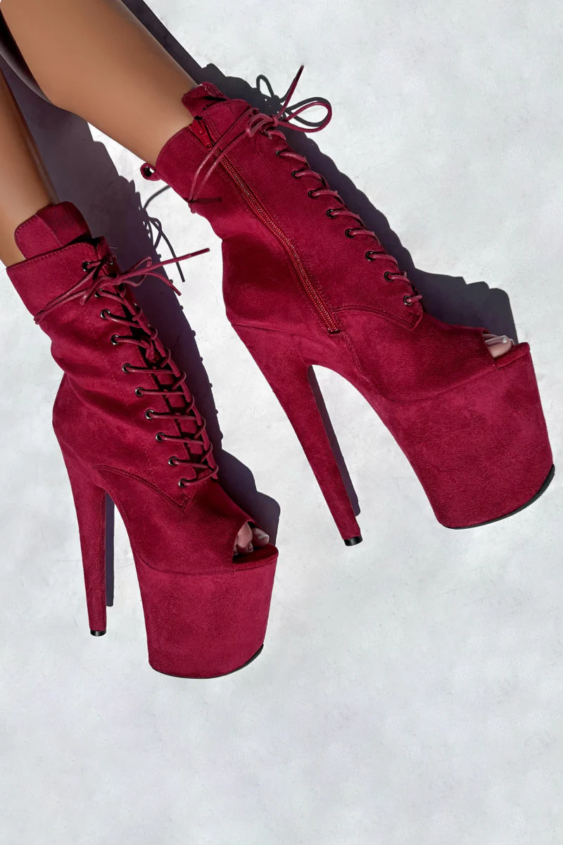 Hella Heels BabyDoll 8inch Open Toe Boots - Dark Red - Image 2