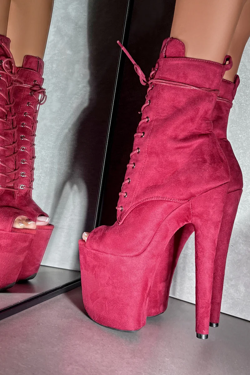 Hella Heels BabyDoll 8inch Open Toe Boots - Dark Red - Image 3