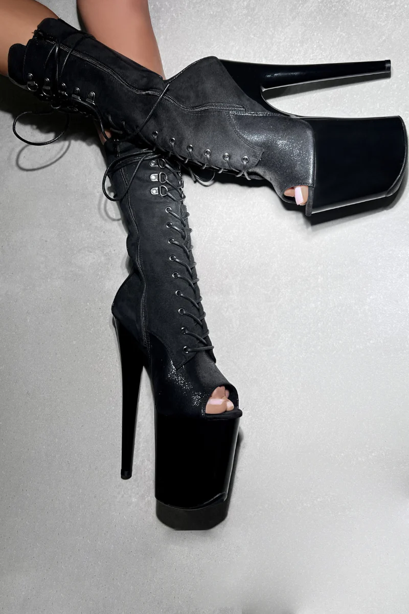 Hella Heels Blaq Kicks Open Toe 8inch Boots - Black