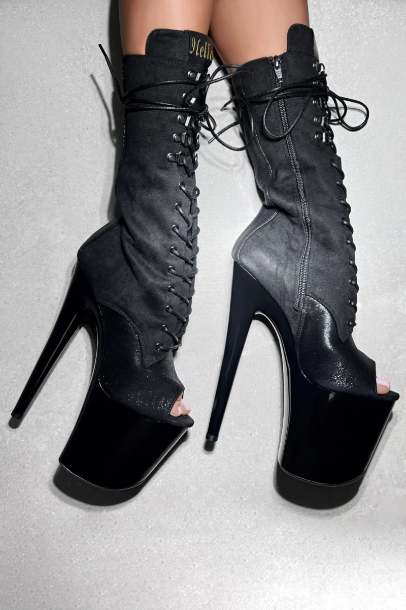 Hella Heels Blaq Kicks Open Toe 8inch Boots - Black - Image 5