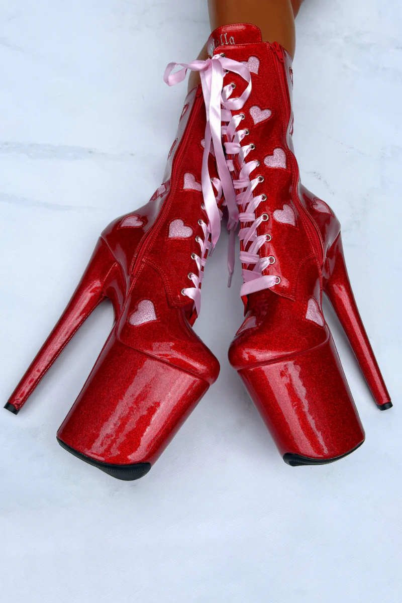 Hella Heels Cupids Chokehold Ribbon 8inch Boots - Red - Image 2