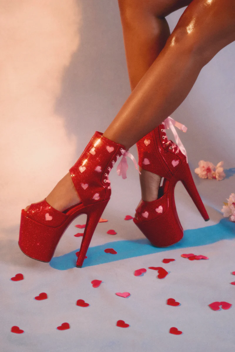 Hella Heels Cupids Chokehold Ribbon Corset 8inch Boots - Red