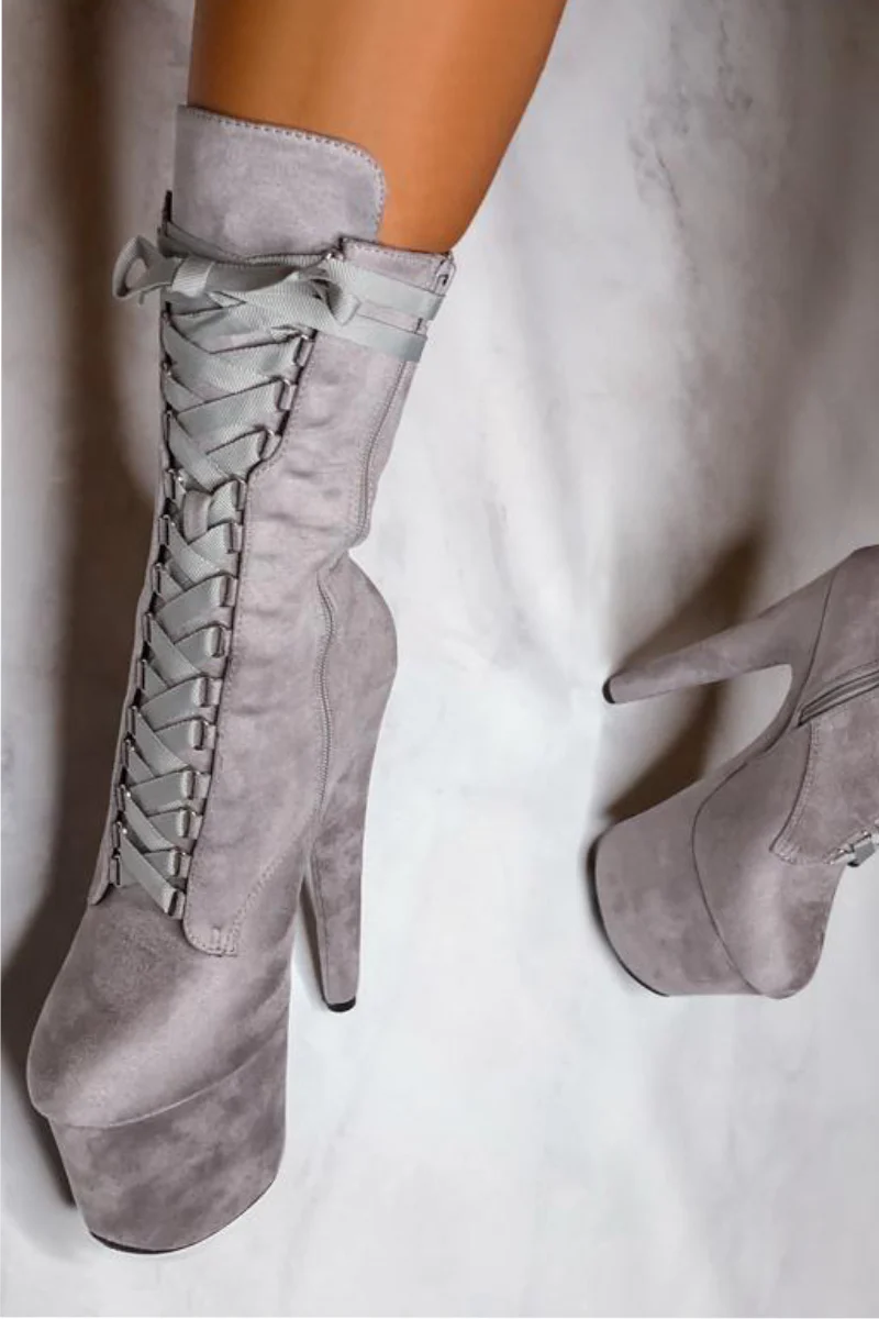 Hella Heels High BabyDoll 7inch Boots - Light Grey  (UK2/3 ONLY) - Image 3