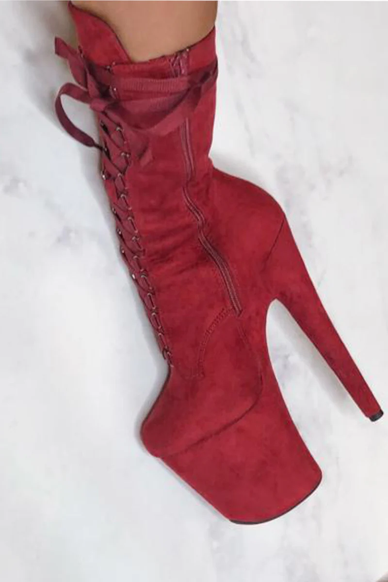 Hella Heels High BabyDoll 8inch Boots - Dark Red - Image 4