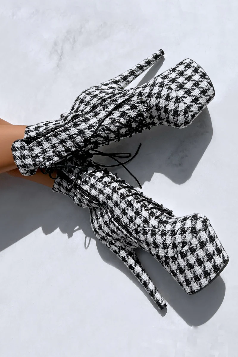 Hella Heels Houndstooth 7inch Boots - Black/White - Image 3