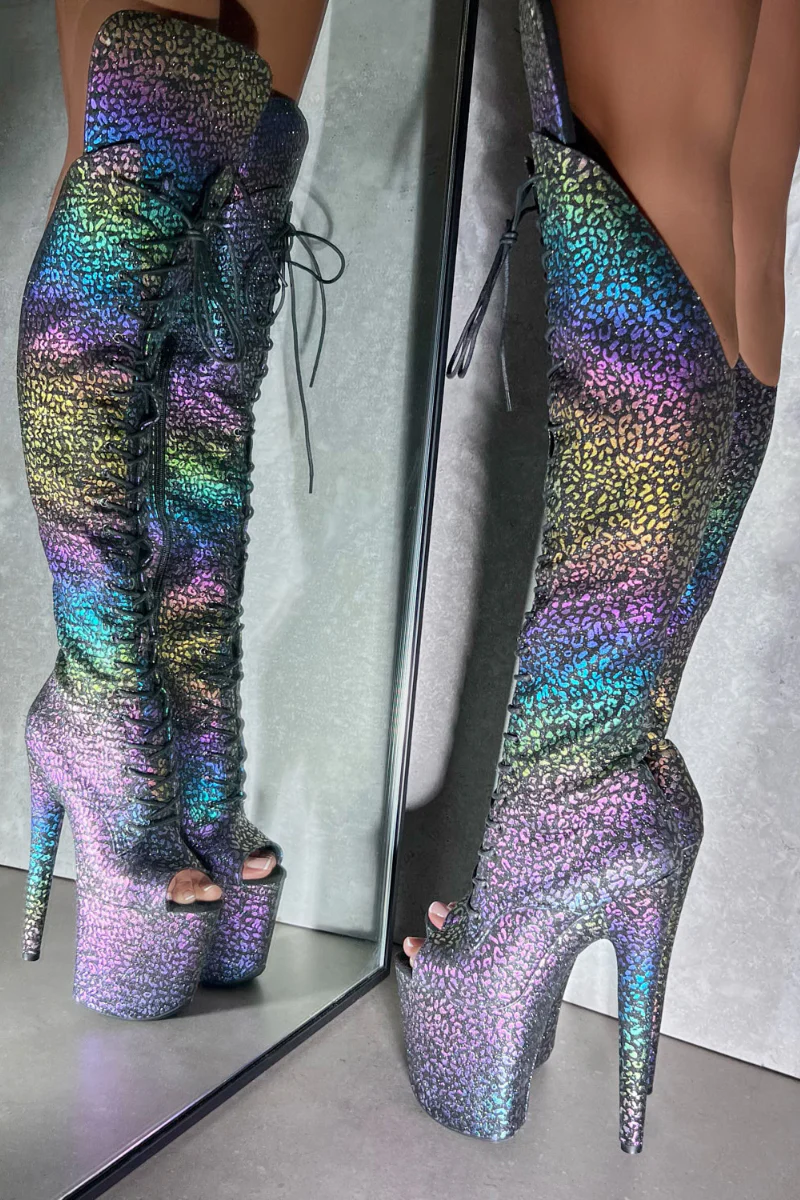 Hella Heels Jungle Open Toe Over The Knee 8inch Boots - Moonlight Leopard