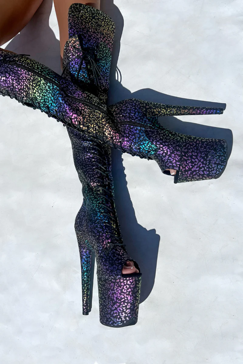 Hella Heels Jungle Open Toe Over The Knee 8inch Boots - Moonlight Leopard - Image 3