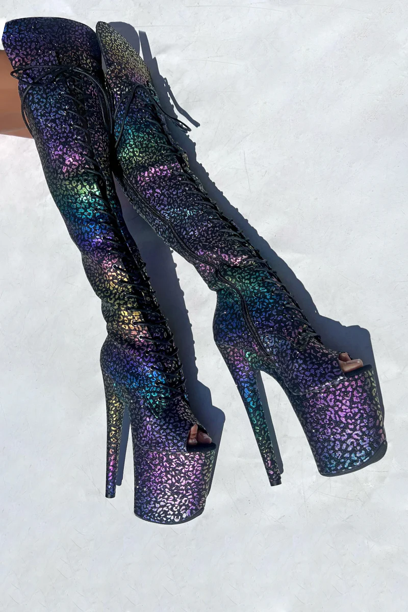Hella Heels Jungle Open Toe Over The Knee 8inch Boots - Moonlight Leopard - Image 4