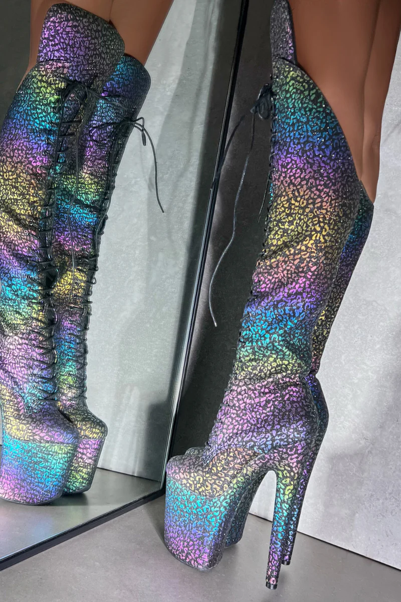 Hella Heels Jungle Over The Knee 8inch Boots - Moonlight Leopard - Image 2