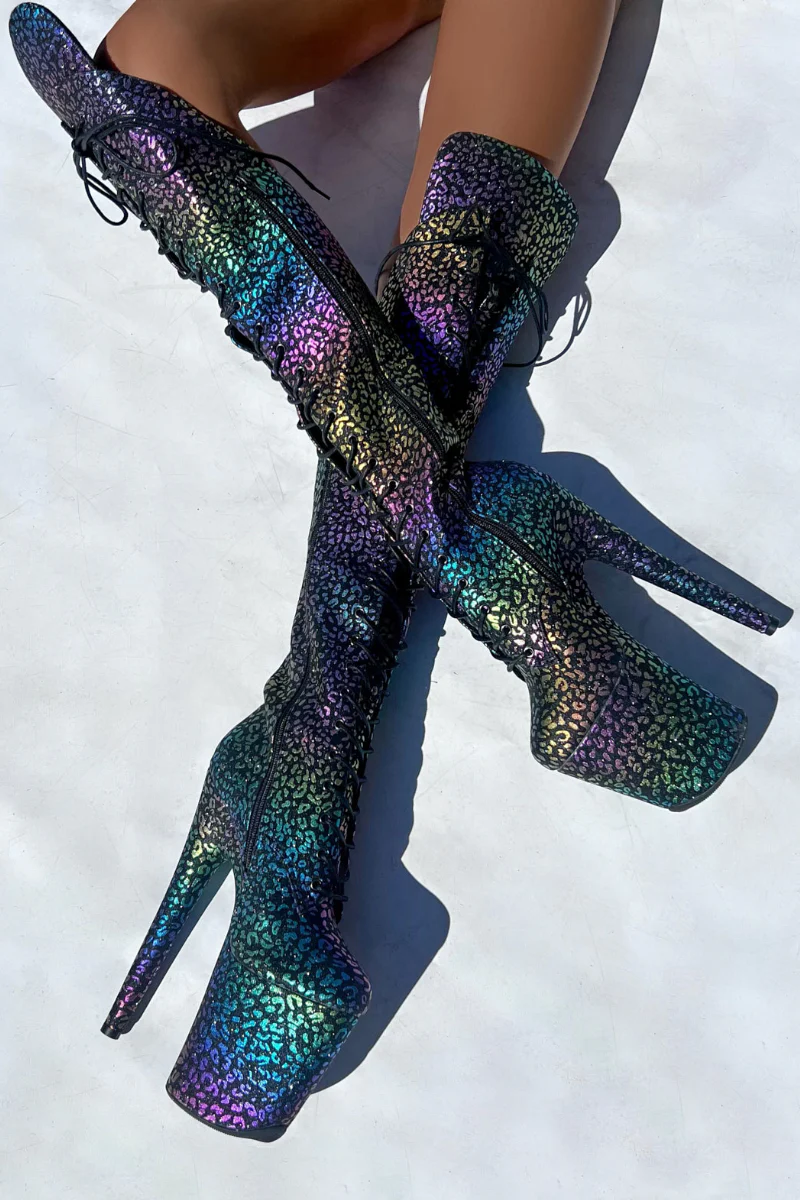 Hella Heels Jungle Over The Knee 8inch Boots - Moonlight Leopard - Image 3