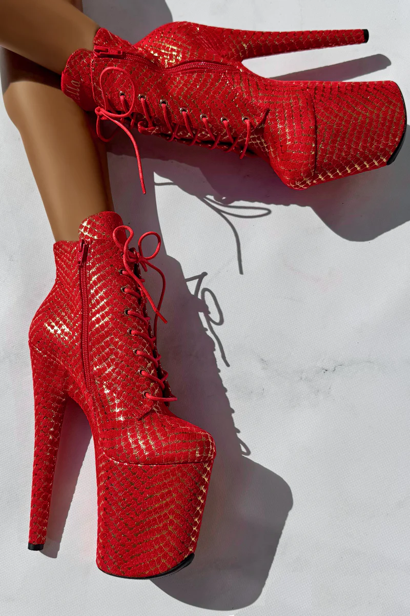 Hella Heels Khaleesi 8inch Low Ankle Boots - Red & Gold - Image 3