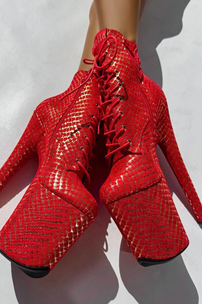 Hella Heels Khaleesi 8inch Low Ankle Boots - Red & Gold - Image 4
