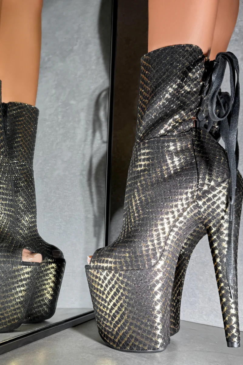 Hella Heels Khaleesi Open Toe Corset 8inch Boots - Black & Gold - Image 3