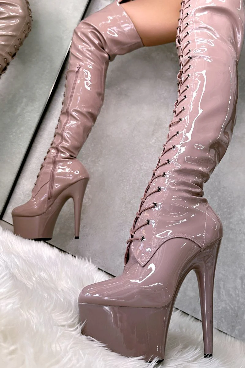 Hella Heels LipKit Thigh High Front Lace 7inch Boots - Boujee  (UK2/3 ONLY)