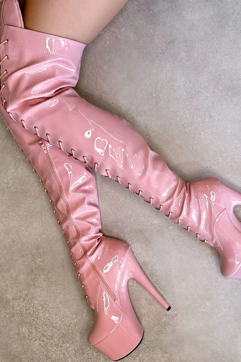 Hella Heels LipKit Thigh High Front Lace 7inch Boots - Candy Shop - Image 3