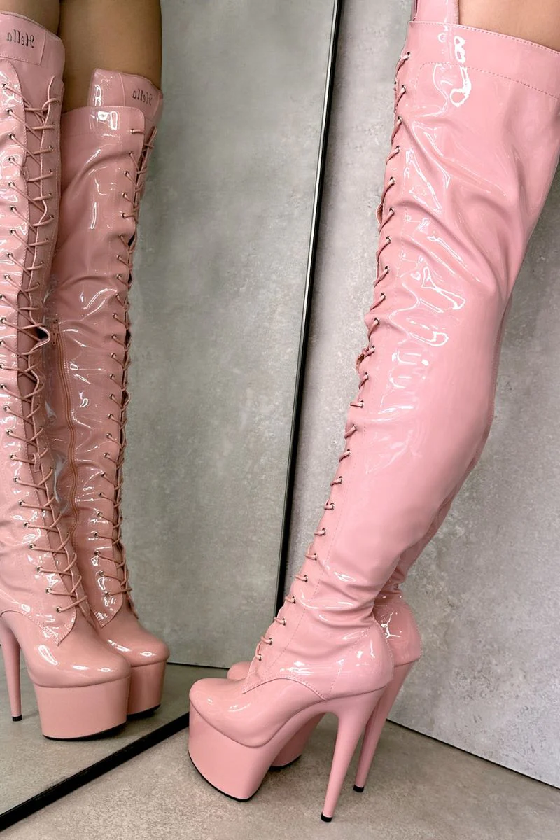 Hella Heels LipKit Thigh High Front Lace 7inch Boots - Candy Shop - Image 4
