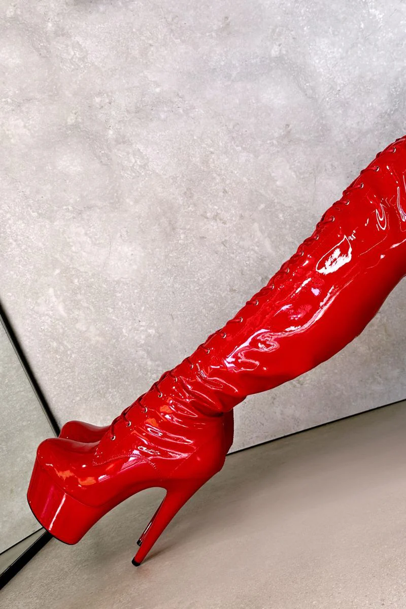 Hella Heels LipKit Thigh High Front Lace 7inch Boots - Cherry Pie - Image 3