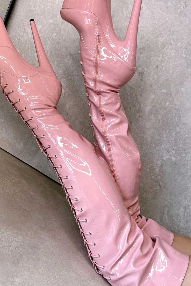 Hella Heels LipKit Thigh High Front Lace 8inch Boots - Candy Shop - Image 2