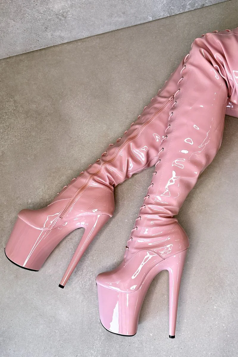 Hella Heels LipKit Thigh High Front Lace 8inch Boots - Candy Shop - Image 3