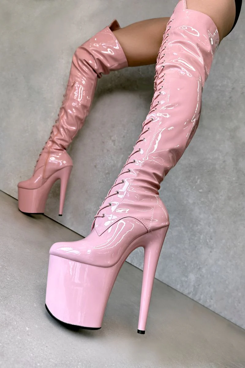 Hella Heels LipKit Thigh High Front Lace 8inch Boots - Candy Shop - Image 4