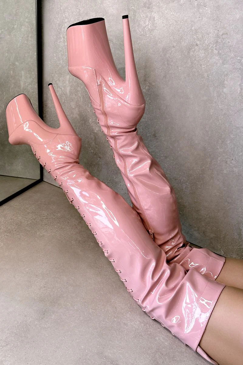 Hella Heels LipKit Thigh High Front Lace 8inch Boots - Candy Shop - Image 5