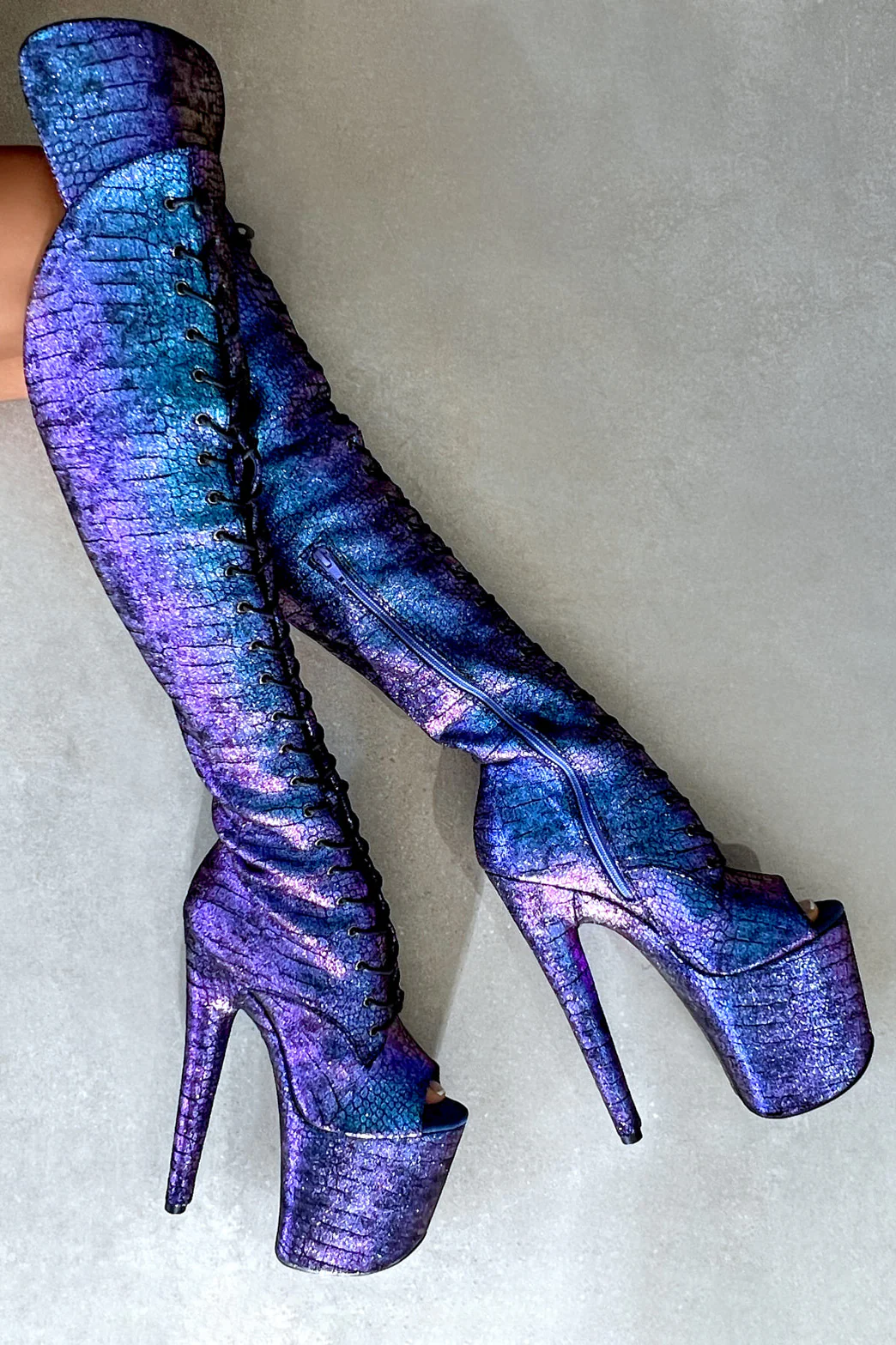 Hella Heels Mermaid Open Toe Over The Knee 8inch Boots - Midnight - Image 2