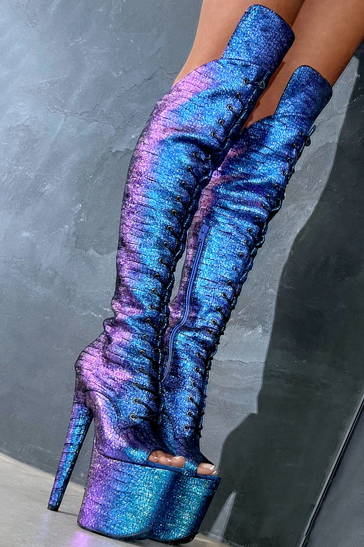 Hella Heels Mermaid Open Toe Over The Knee 8inch Boots - Midnight - Image 4