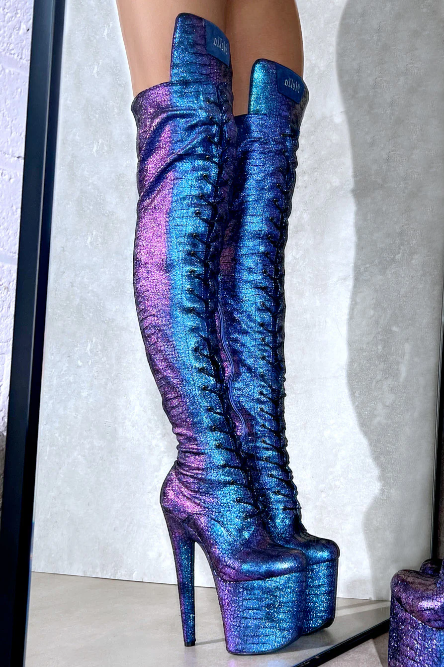 Hella Heels Mermaid Thigh High Front Lace 8inch Boots - Midnight - Image 5