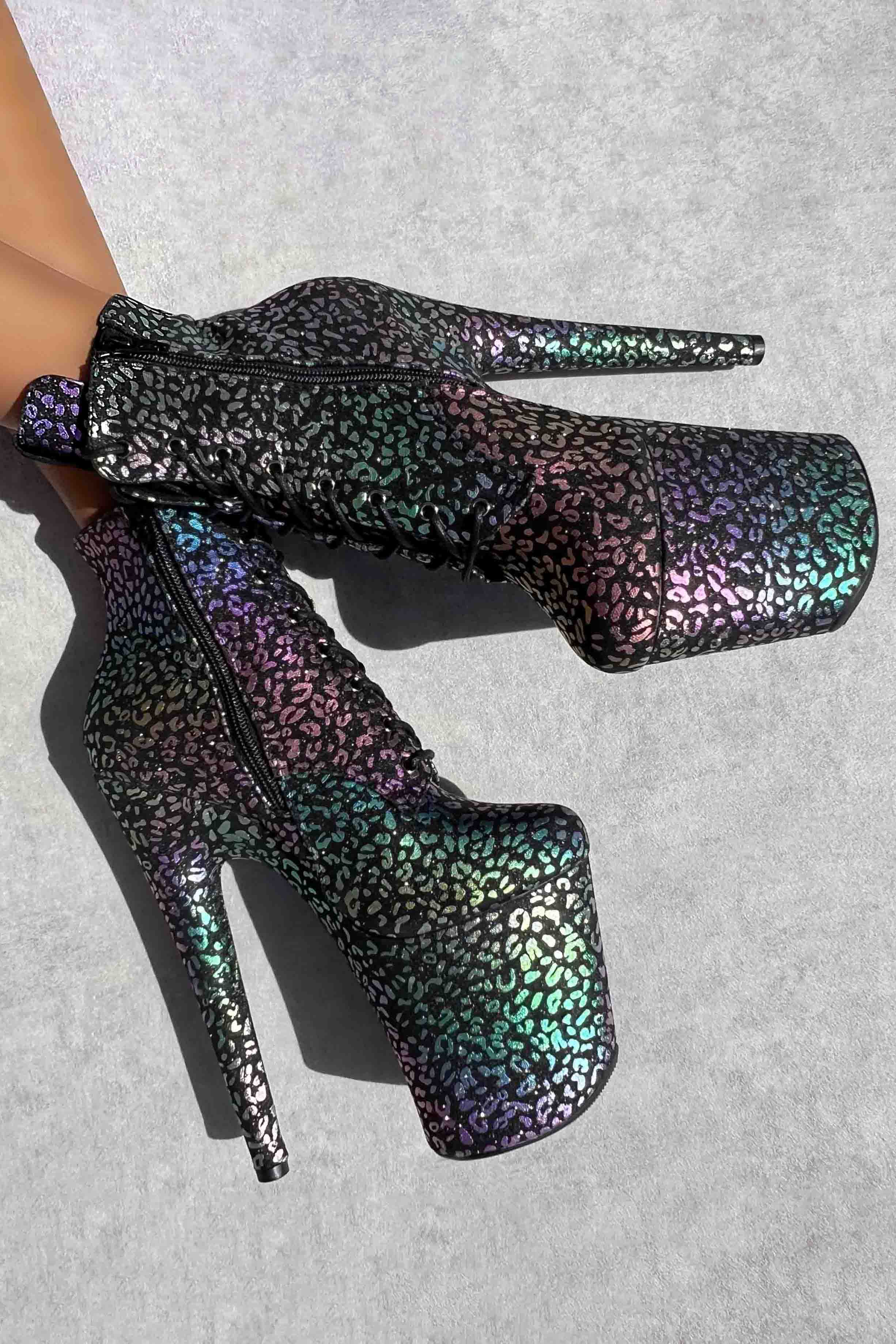 Hella Heels Moonlight Leopard 8inch Low Ankle Boots - Iridescent
