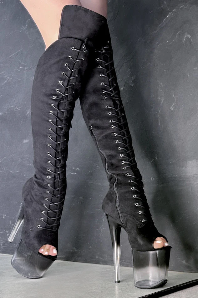Hella Heels Ombre Open Toe Over The Knee 8inch Boots - Black - Image 3