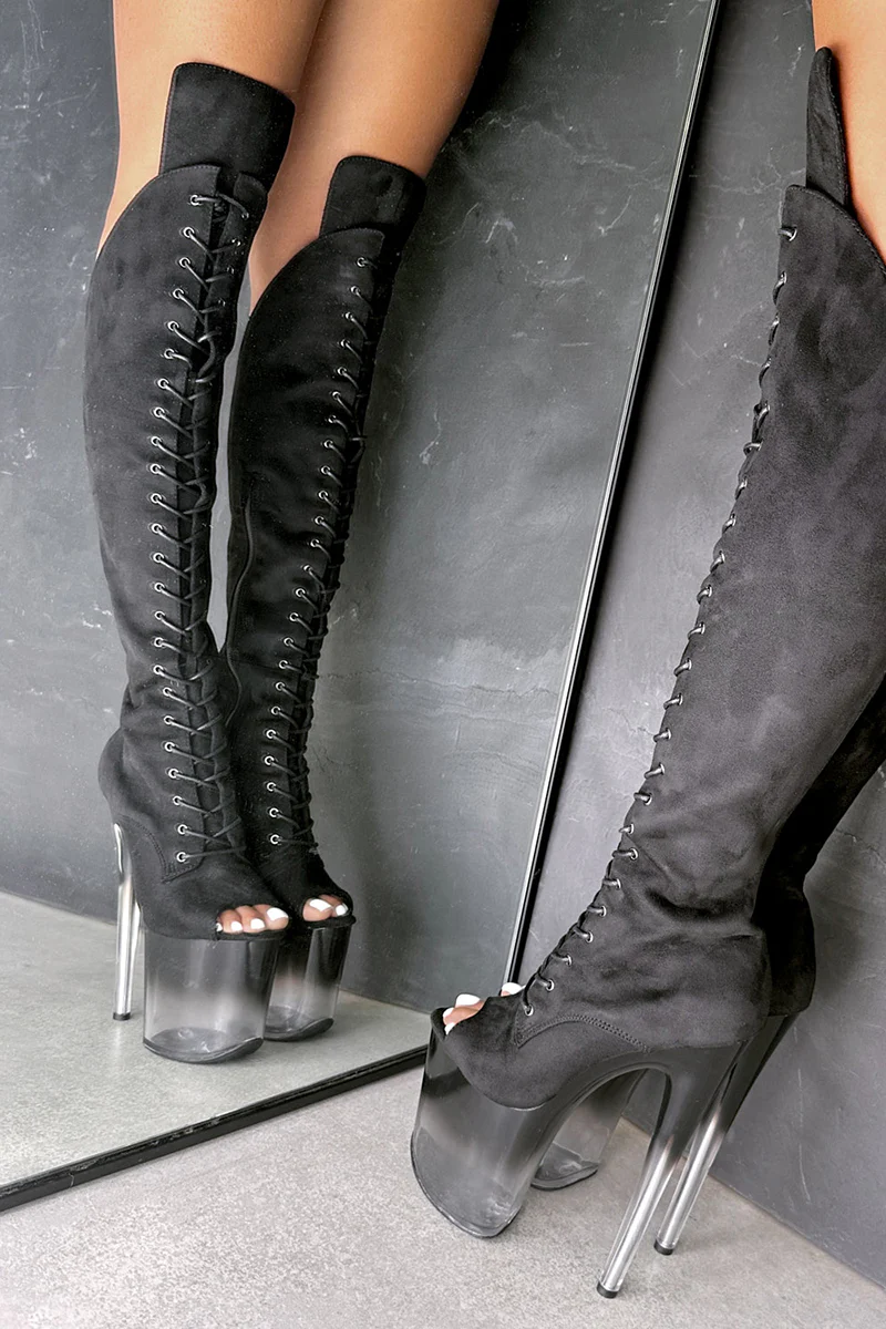 Hella Heels Ombre Open Toe Over The Knee 8inch Boots - Black - Image 6