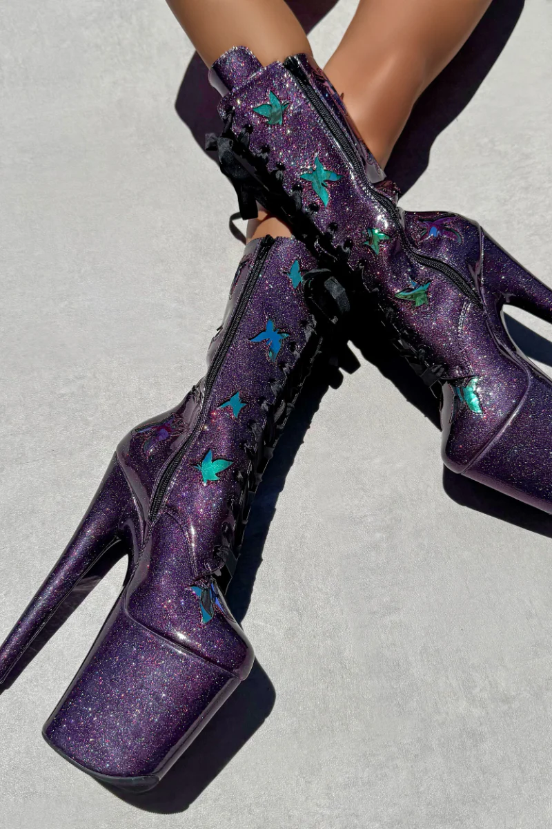 Hella Heels The Glitterati Butterfly 8inch Boots - Mystical Purple - Image 3