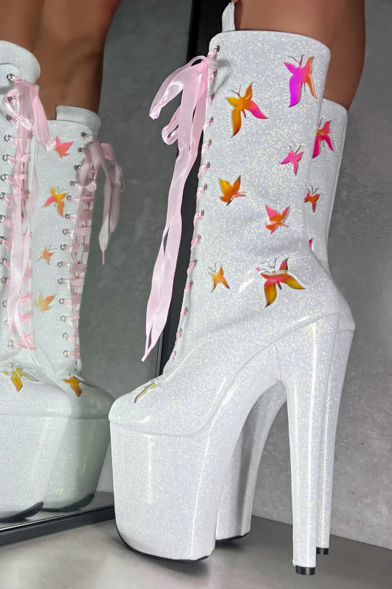 Hella Heels The Glitterati Butterfly 8inch Boots - Snow Kween