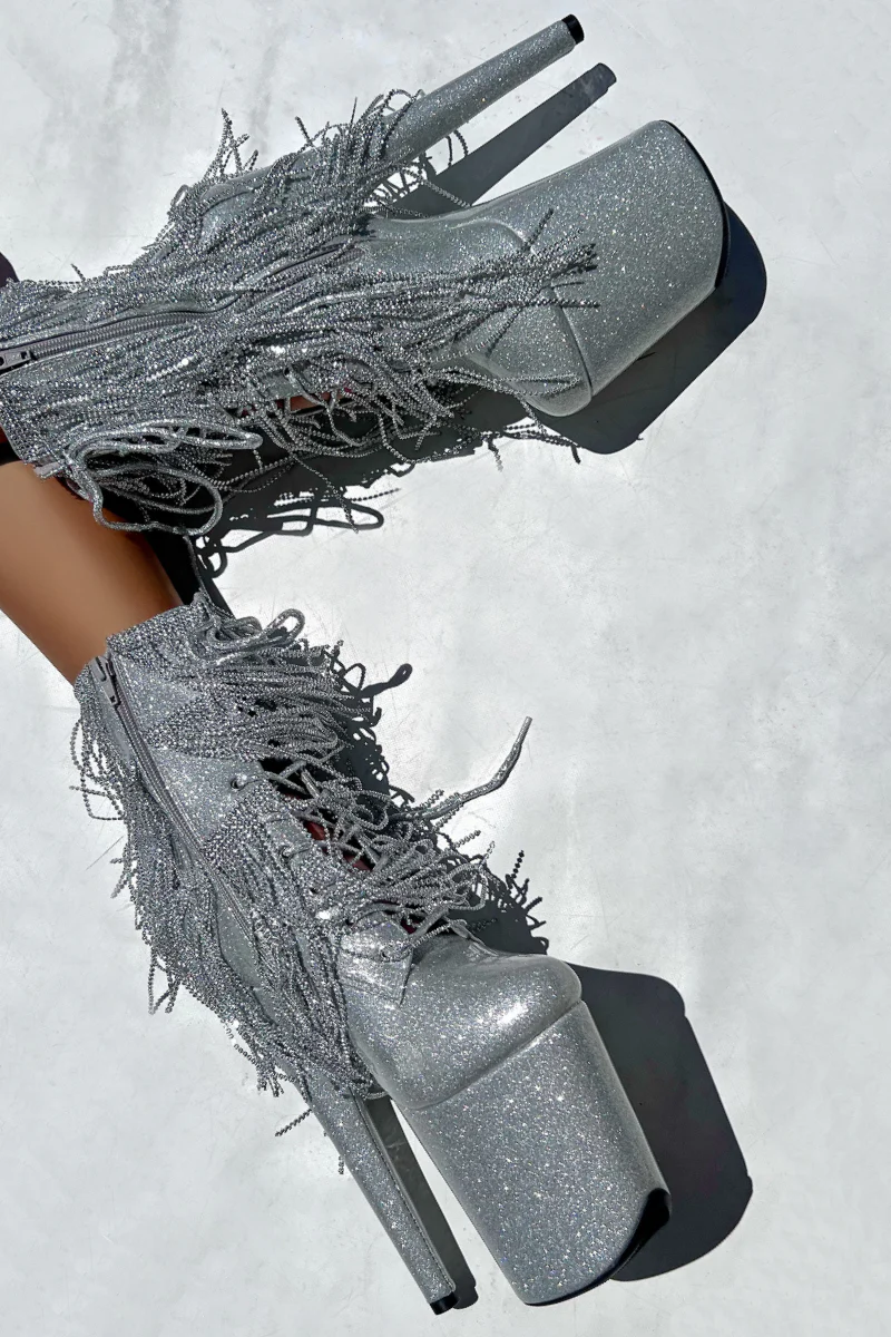 Hella Heels The Glitterati Chrome Cowgirl 8inch Boots - Silver - Image 3