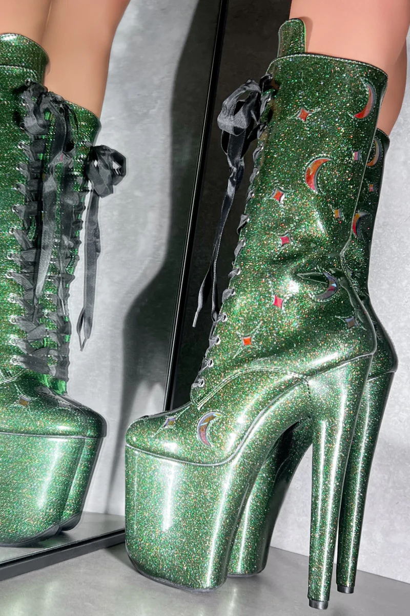 Hella Heels The Glitterati Cosmic 8inch Boots - Emerald Sparkle