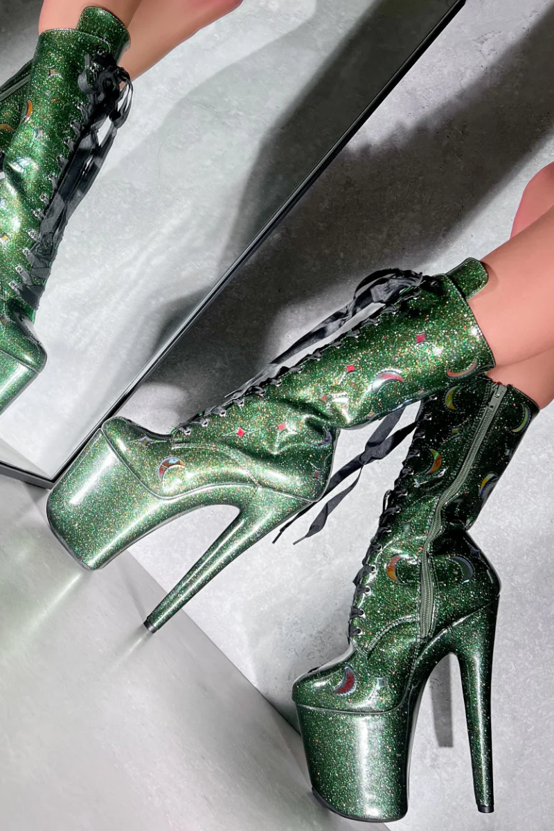 Hella Heels The Glitterati Cosmic 8inch Boots - Emerald Sparkle - Image 2