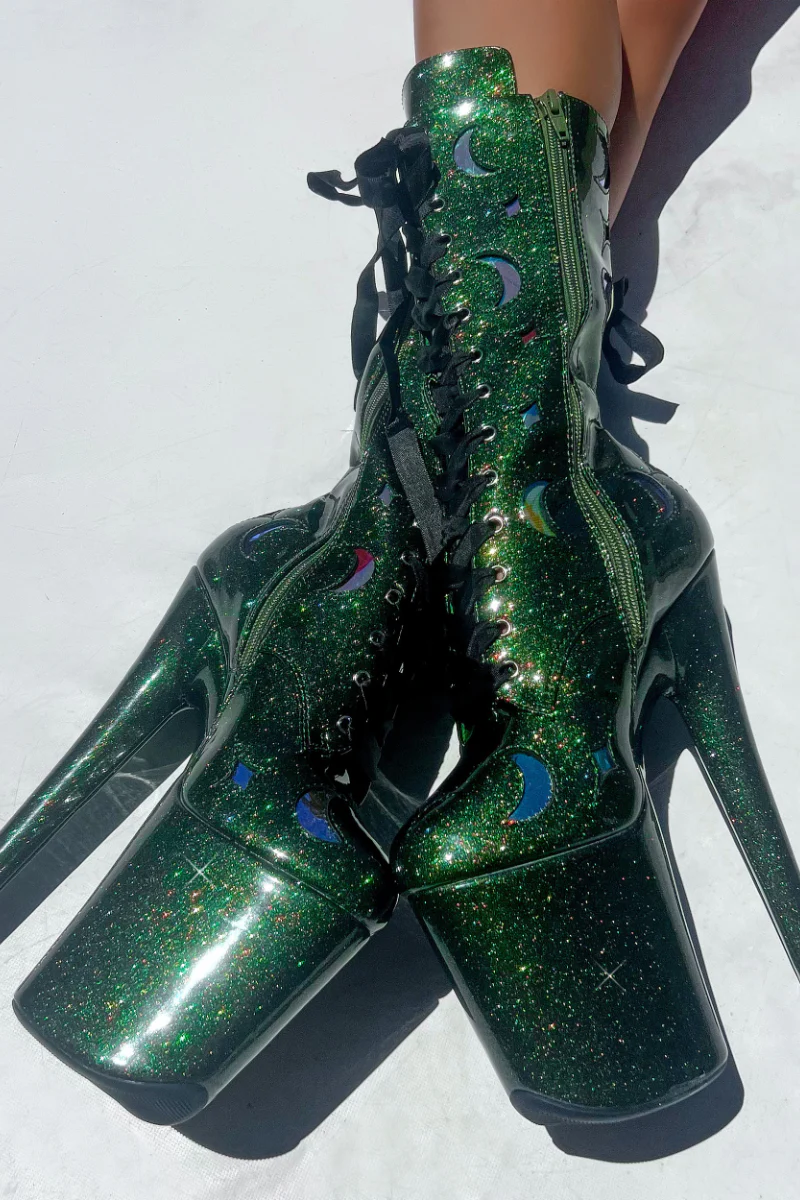 Hella Heels The Glitterati Cosmic 8inch Boots - Emerald Sparkle - Image 3