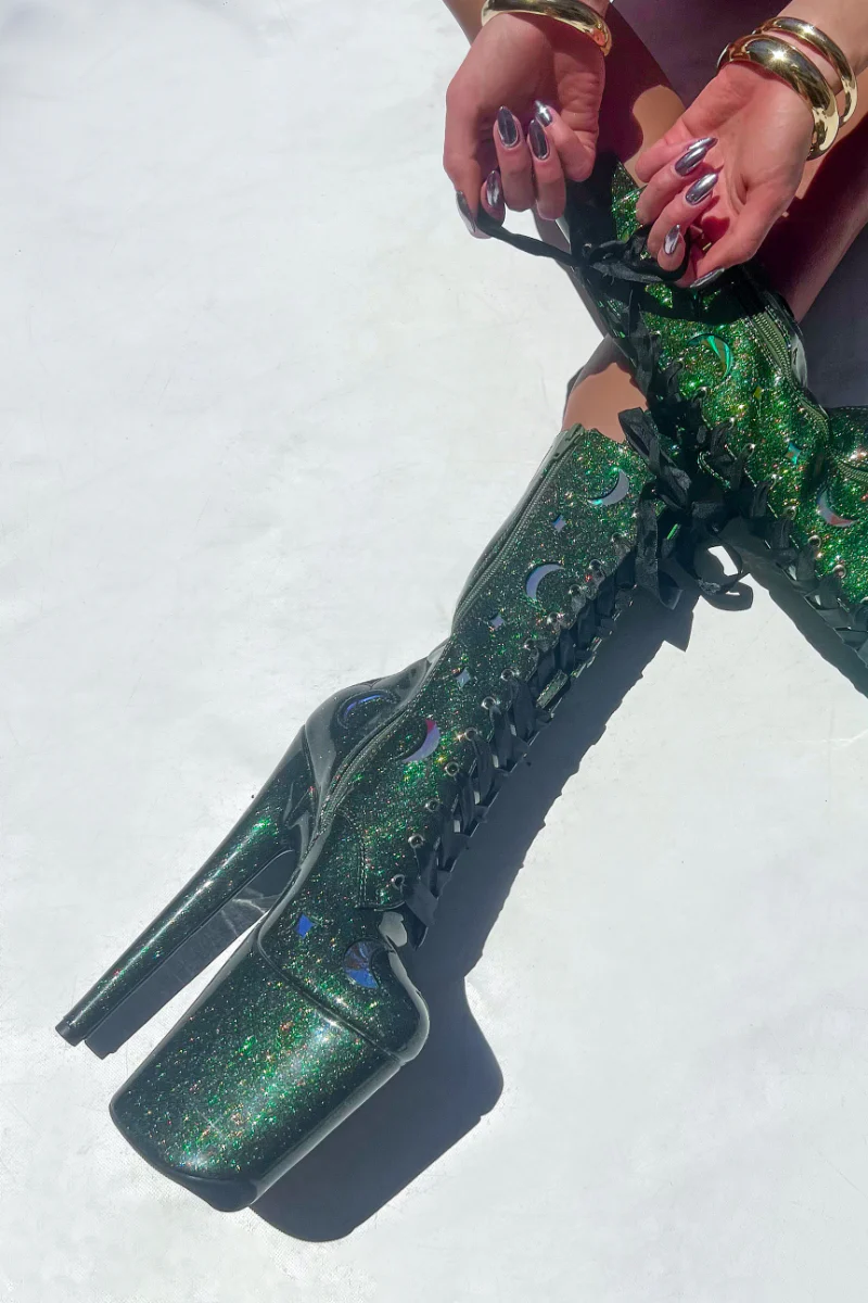 Hella Heels The Glitterati Cosmic 8inch Boots - Emerald Sparkle - Image 4