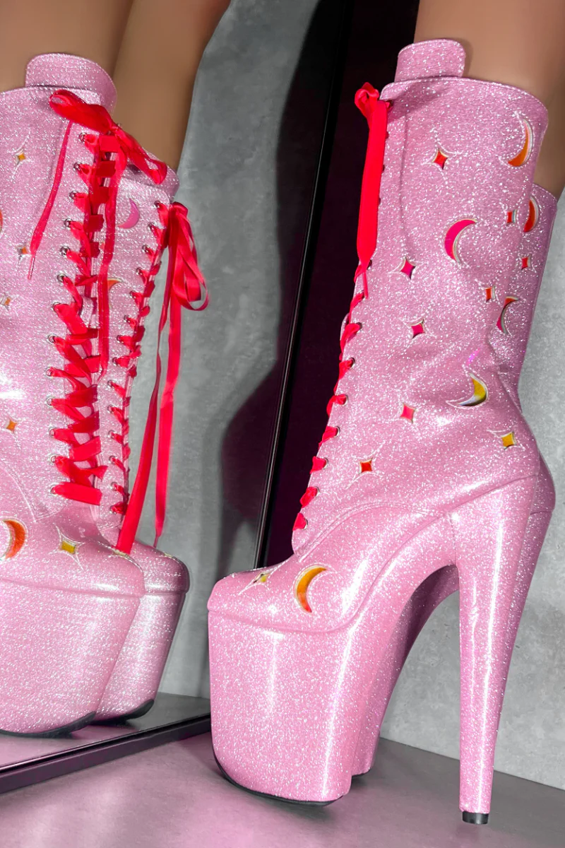 Hella Heels The Glitterati Cosmic 8inch Boots - Pink Sparkle