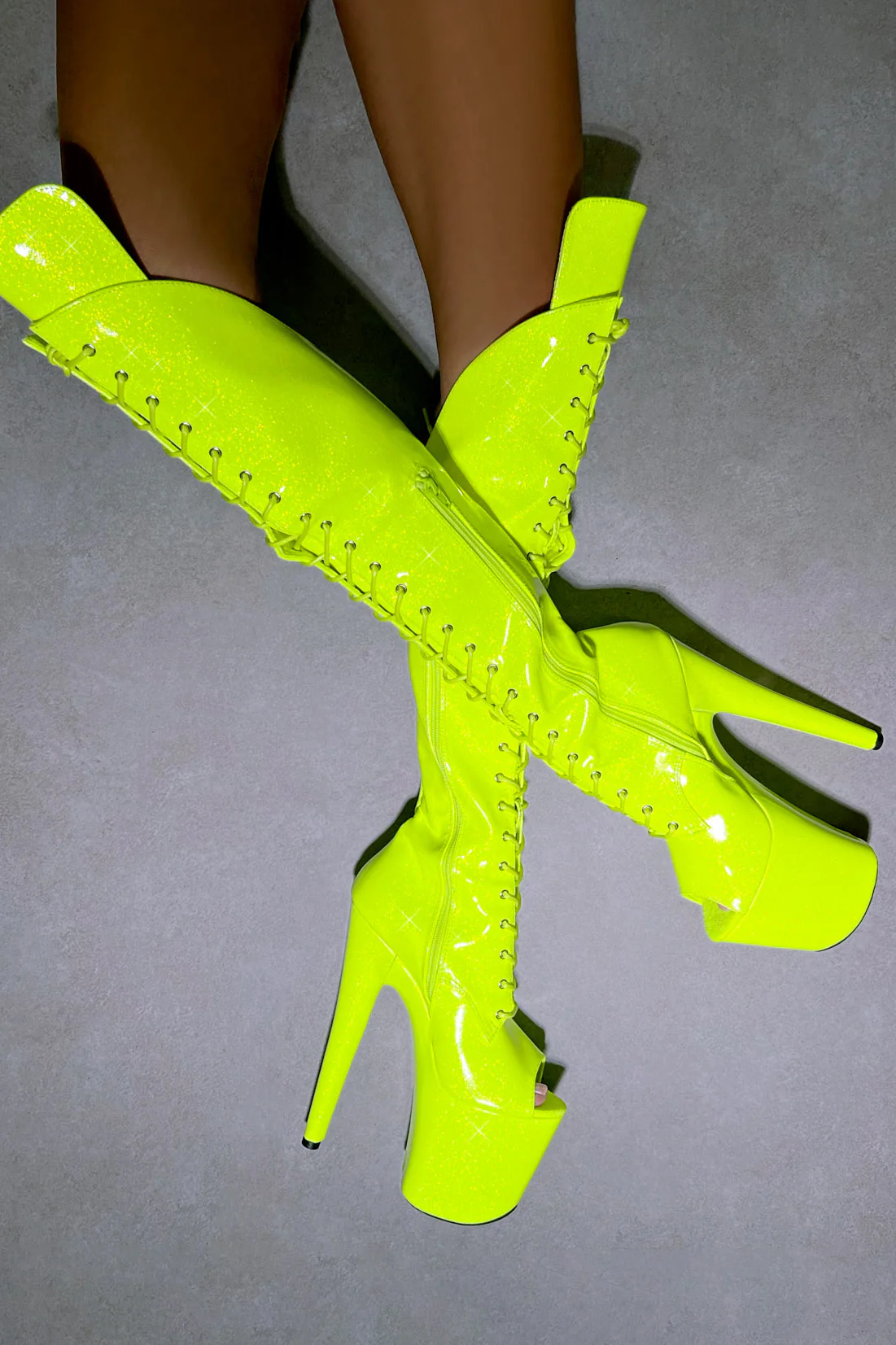 Hella Heels The Glitterati Open Toe Over The Knee 8inch Boots - Citrus Yellow Burst - Image 2