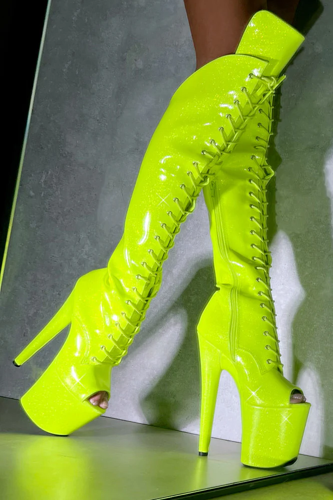 Hella Heels The Glitterati Open Toe Over The Knee 8inch Boots - Citrus Yellow Burst - Image 3
