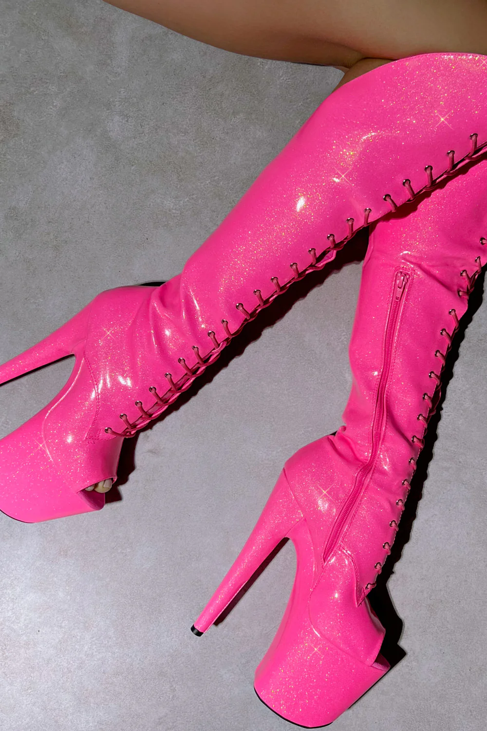 Hella Heels The Glitterati Open Toe Over The Knee 8inch Boots - Juicy Pink Burst - Image 3