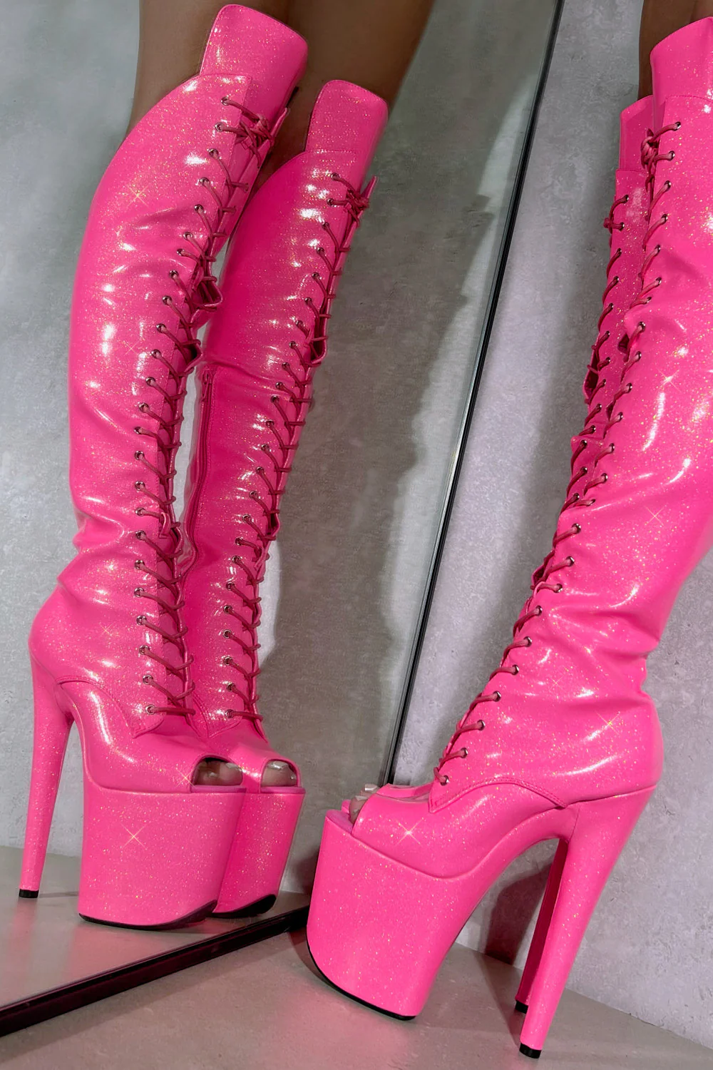 Hella Heels The Glitterati Open Toe Over The Knee 8inch Boots - Juicy Pink Burst - Image 4