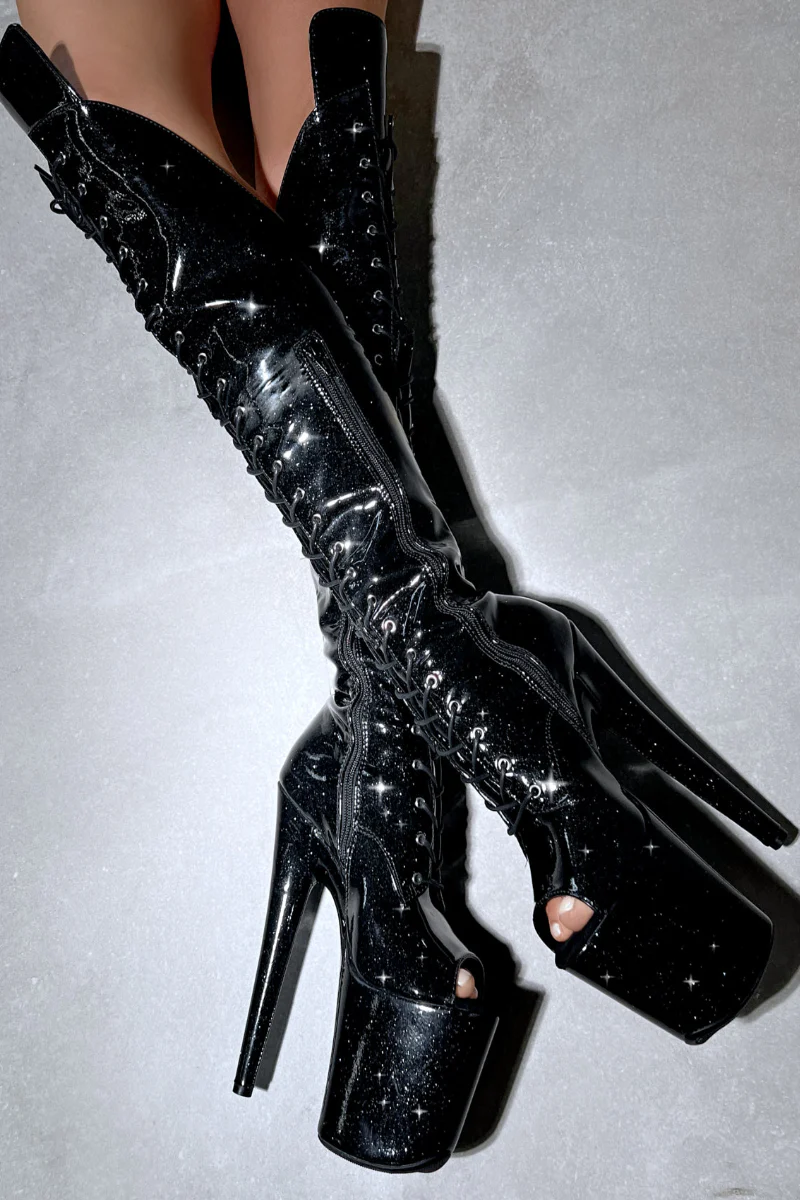 Hella Heels The Glitterati Open Toe Over The Knee 8inch Boots - Sin City - Image 2