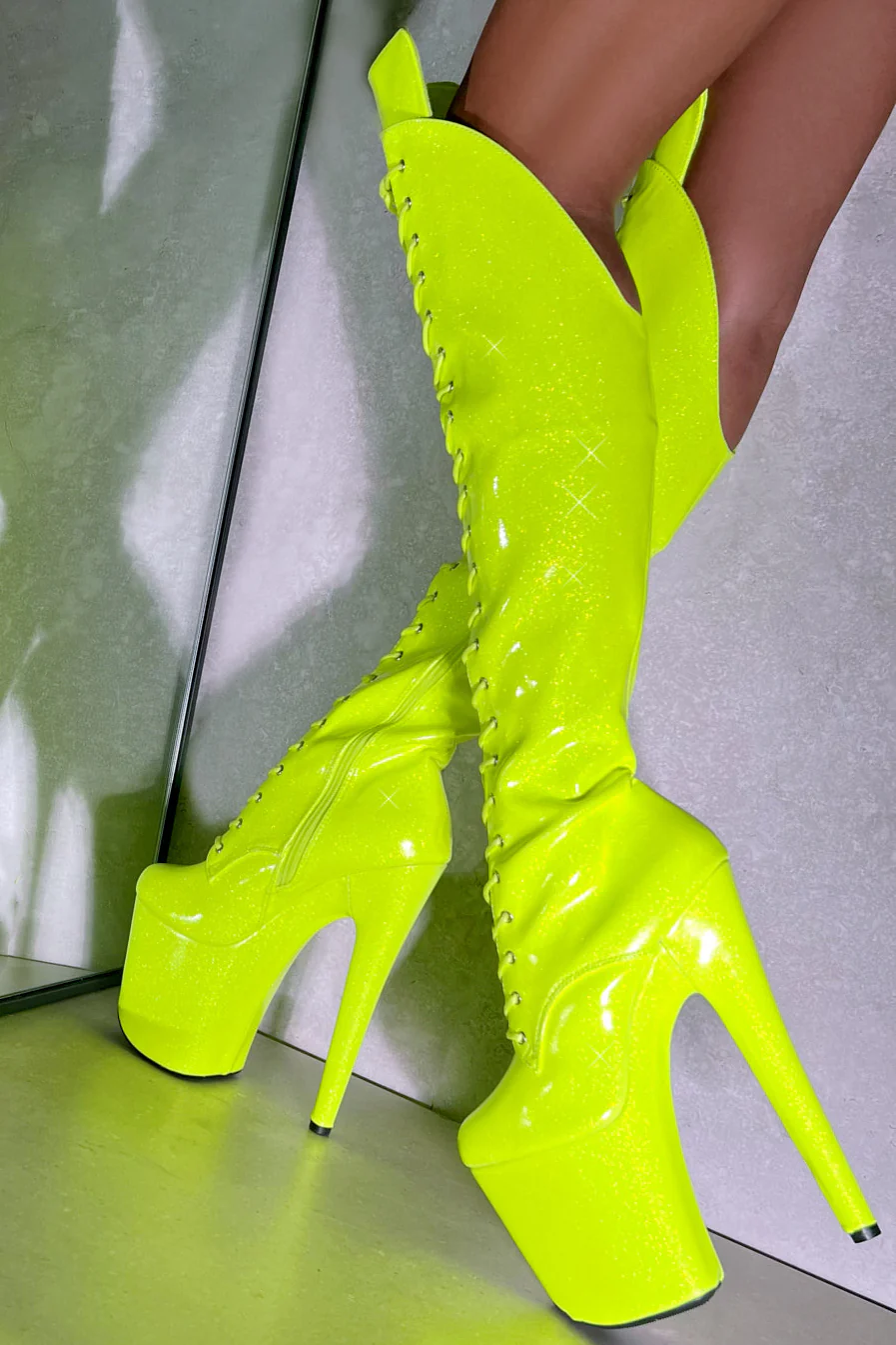Hella Heels The Glitterati Over The Knee 8inch Boots - Citrus Yellow Burst - Image 2